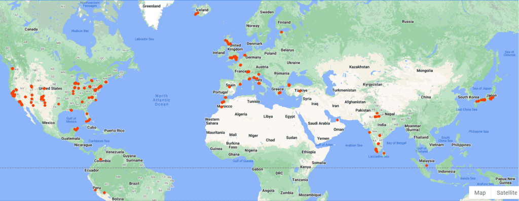 A map showing all the 200+ cities I've lived in as digital nomad and travel hacker in the last 3 years spanning 25 counties across continents including North and South America, Africa, Europe, Asia