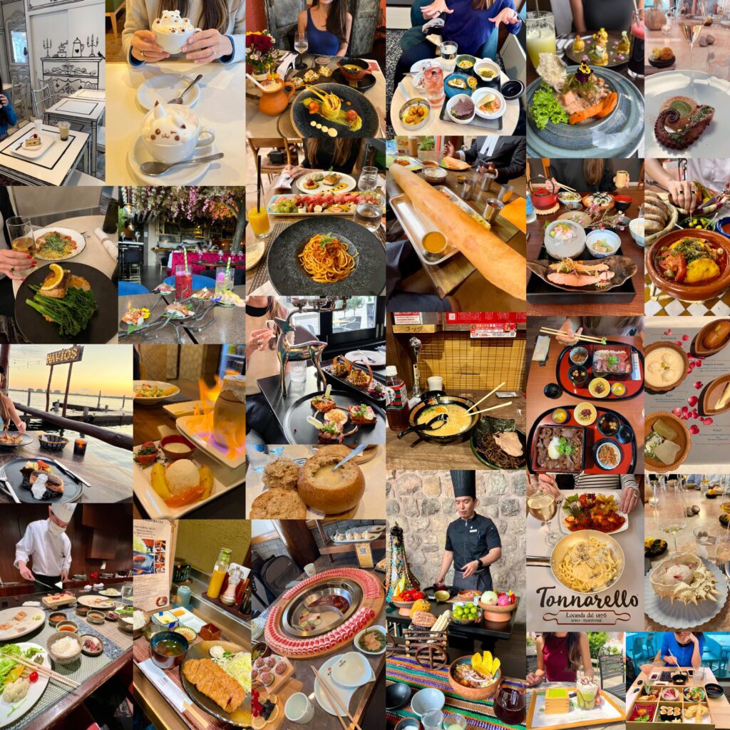 A collage of some of the amazing food we've had in Peru, Colombia, Japan, Turkey, India, US, Iceland, Italy, UK, France, and Morocco as digital nomads traveling around the world living in luxury hotels in the last 3 years.